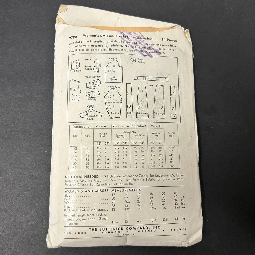 Vintage 40's Butterick Sewing Pattern 2790 Women Size 16 34 Bust Dress Frock HTF